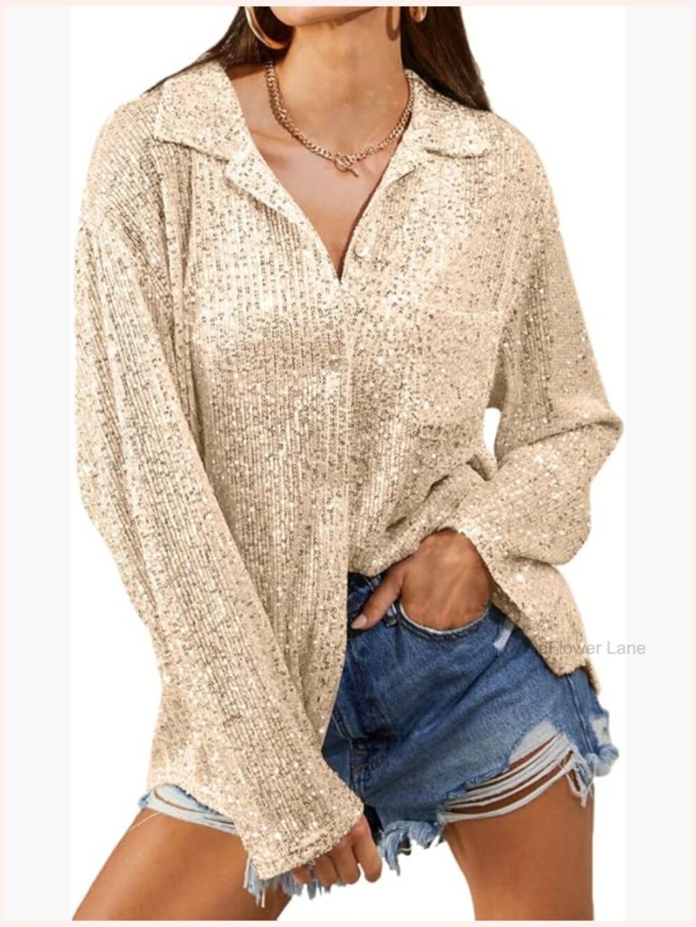 Sequined Button Front Shirt Blouse Long Sleeve Collared Tops Sparkly Party